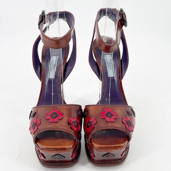 Prada Tobacco Brown Leather Floral Platform Ankle Strap High Heel Sandals IT 38 - Picture 6 of 14
